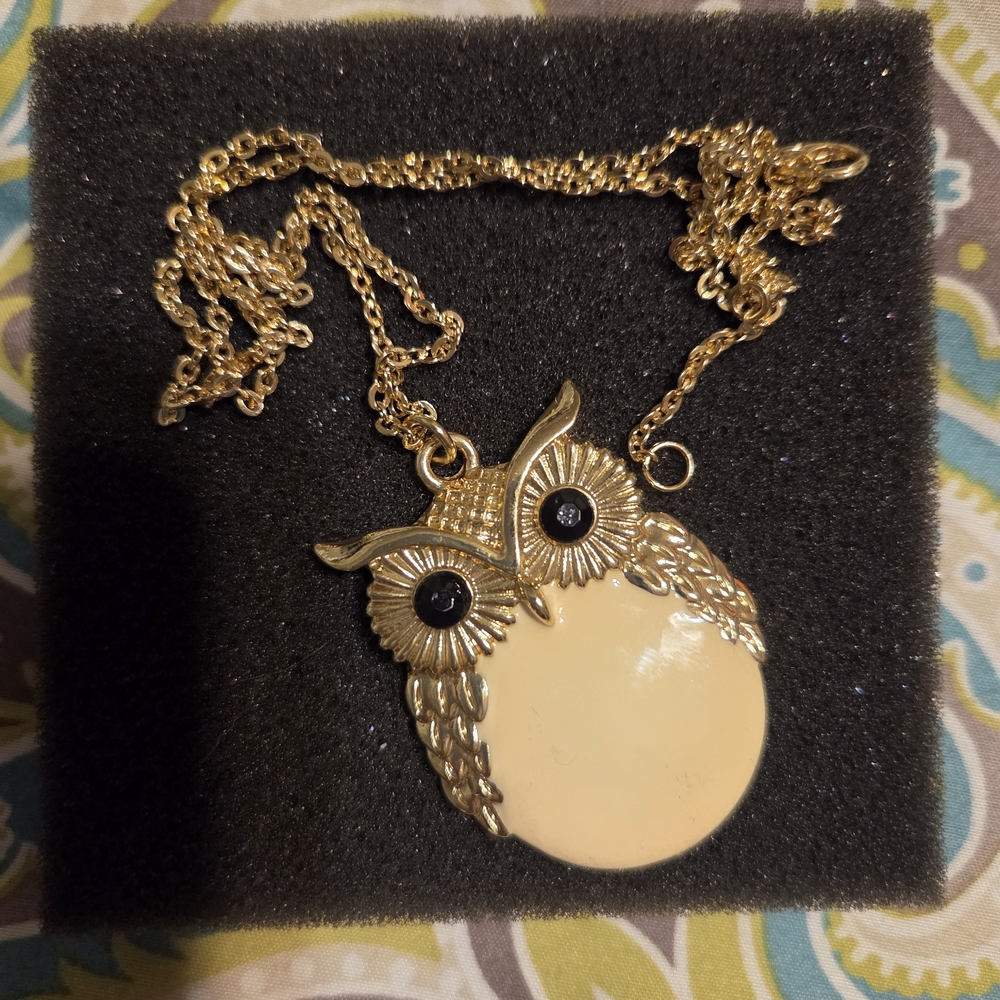 Gold and Cream Owl Pendant Necklace